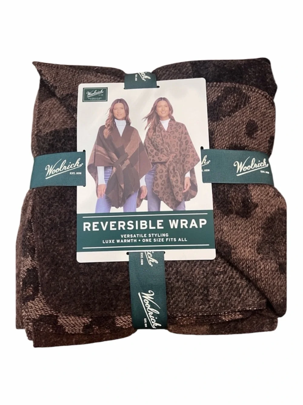 Woolrich Reversible Wrap Poncho Brown Plaid Leopard One Size NWT MSRP $79